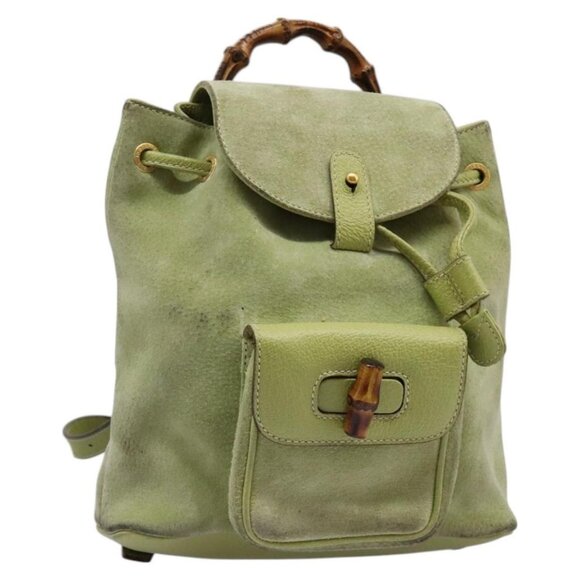GUCCI Bamboo Backpack Suede Leather Green Gold - Picture 1 of 15